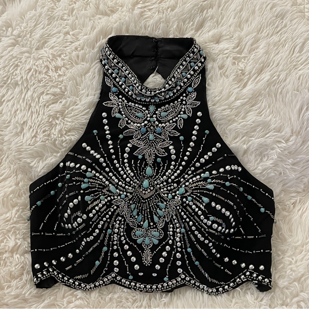 Turquoise Rhinestone Beaded Halter Crop Top Small